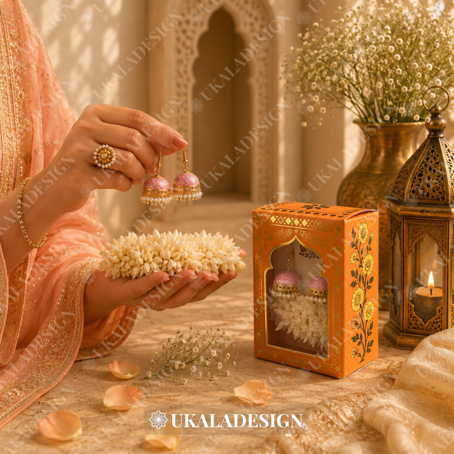 Luxury Jhumka & Gajra Gift Box - Orange Colour