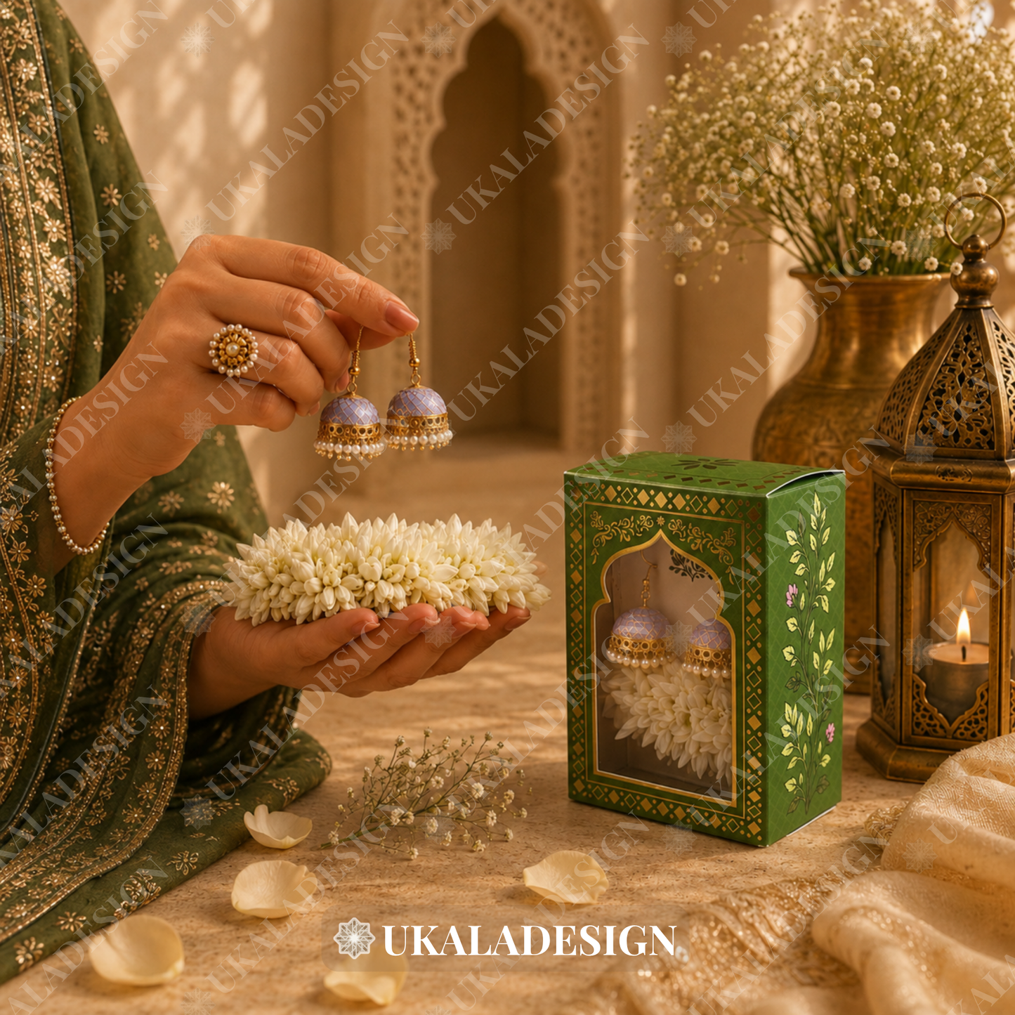 Luxury Jhumka & Gajra Gift Box - Green Colour