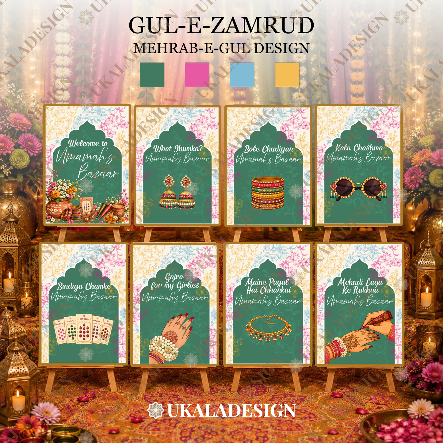 Mehndi Bazaar Table Sign, A4 - Mehrab-e-Gul Design