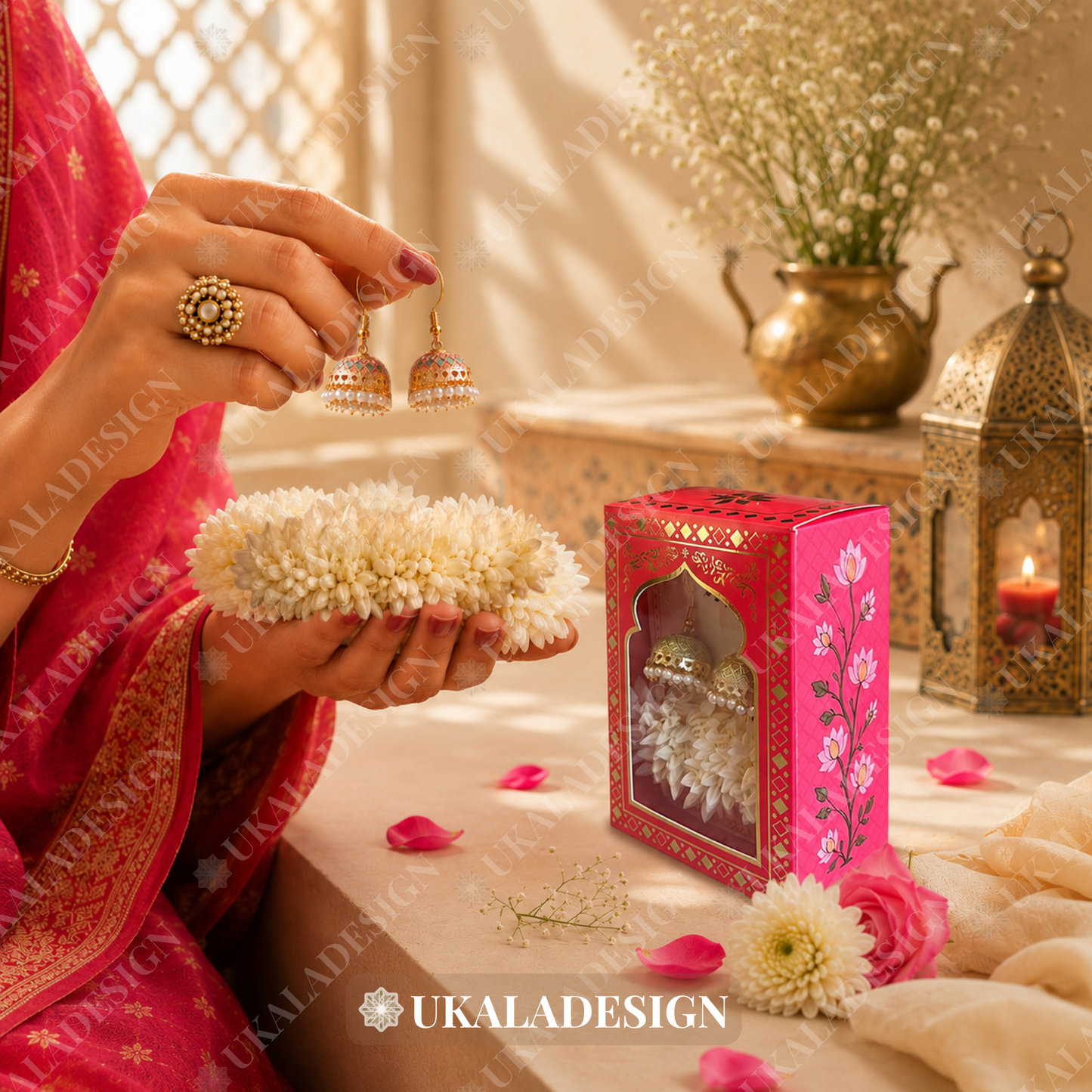Luxury Jhumka & Gajra Gift Box - Pink Colour