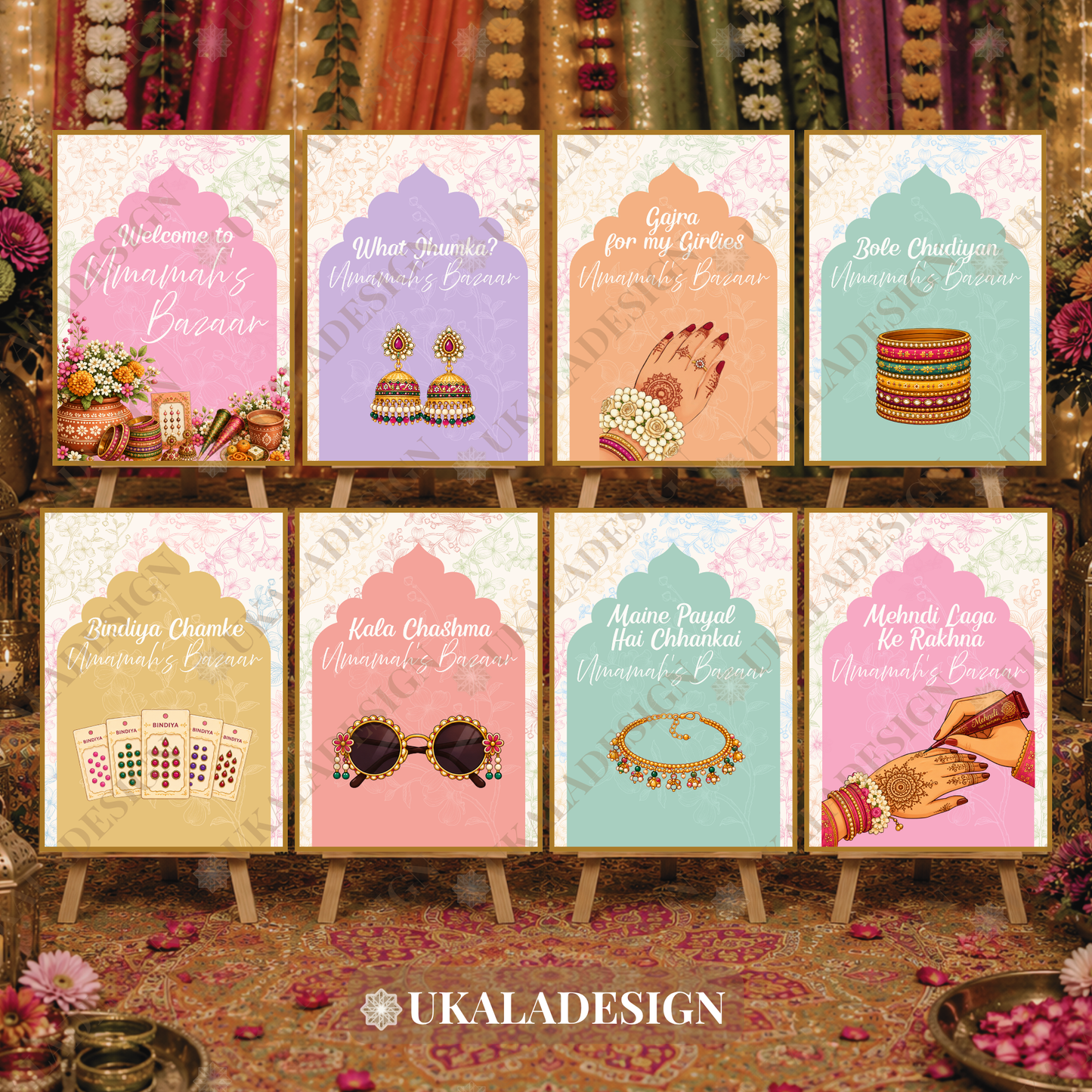 Pastel Mehndi Bazaar Table Sign, A4 - Mehrab-e-Gul Design