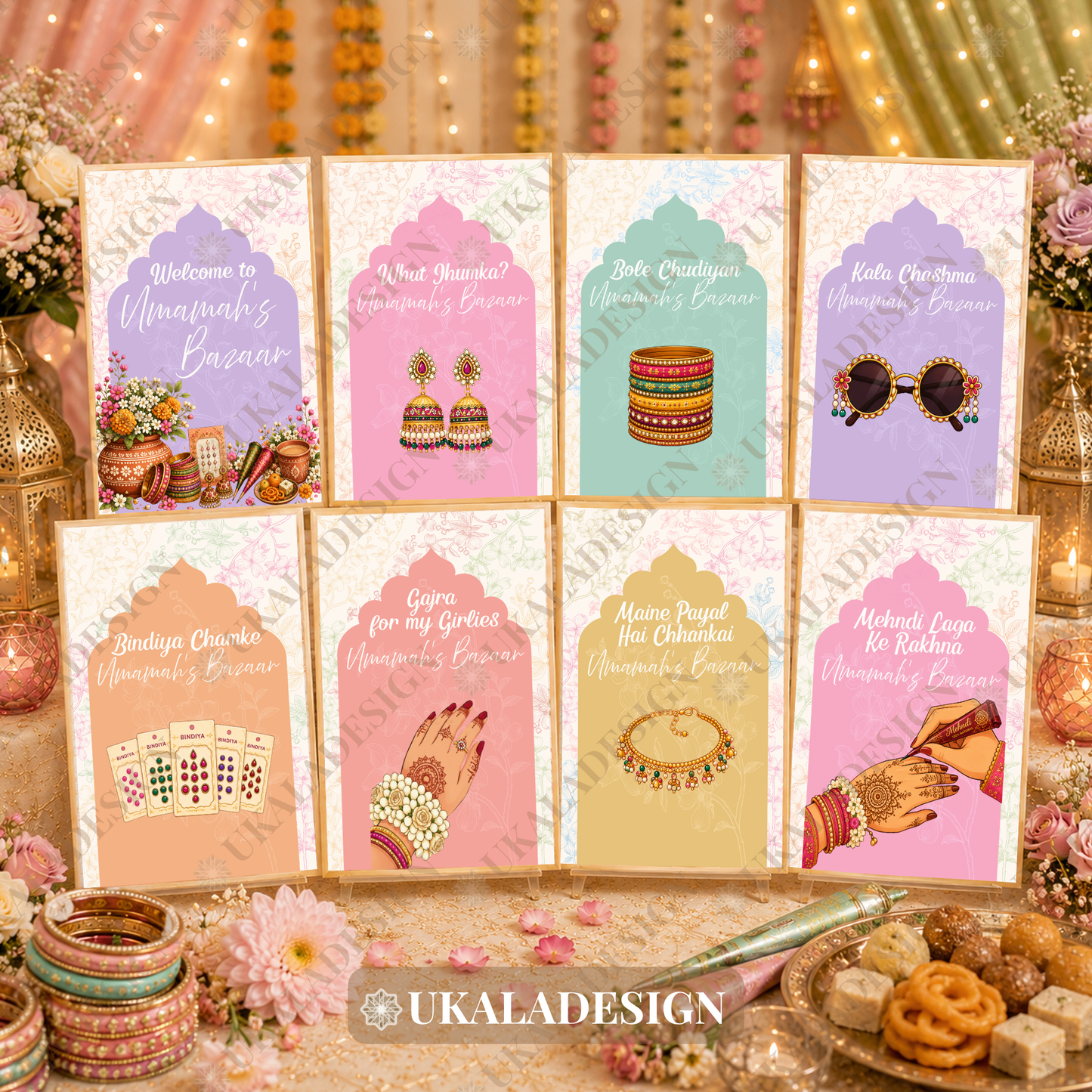 Pastel Mehndi Bazaar Table Sign, A4 - Mehrab-e-Gul Design