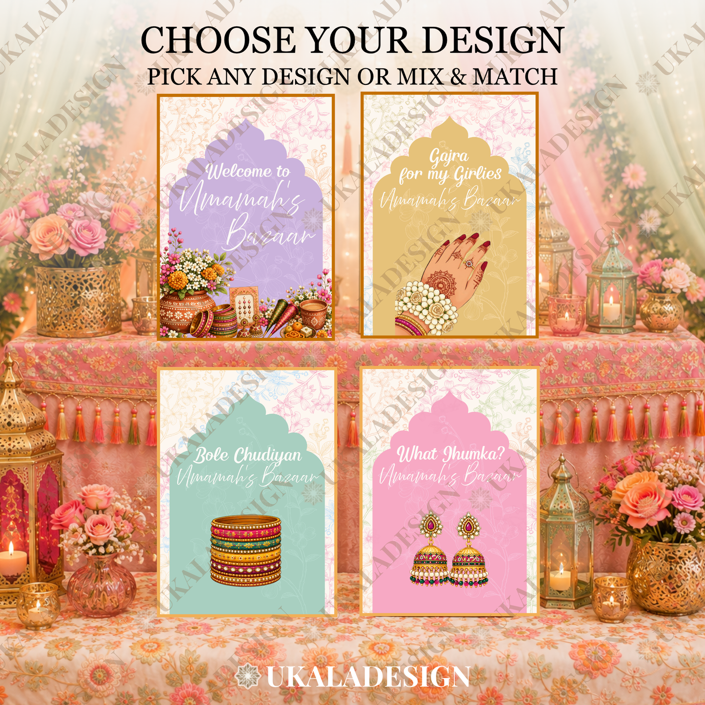 Pastel Mehndi Bazaar Table Sign, A4 - Mehrab-e-Gul Design