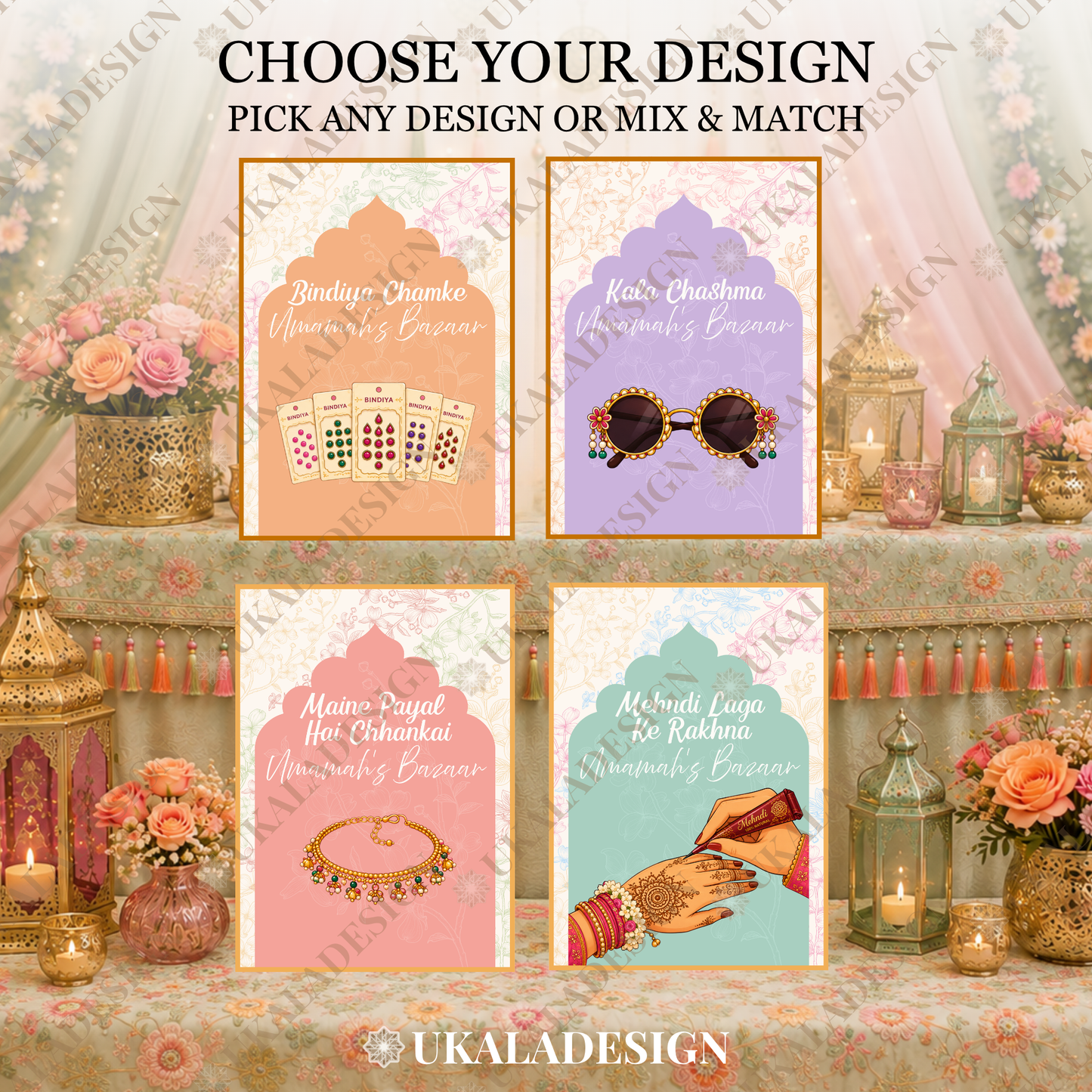 Pastel Mehndi Bazaar Table Sign, A4 - Mehrab-e-Gul Design