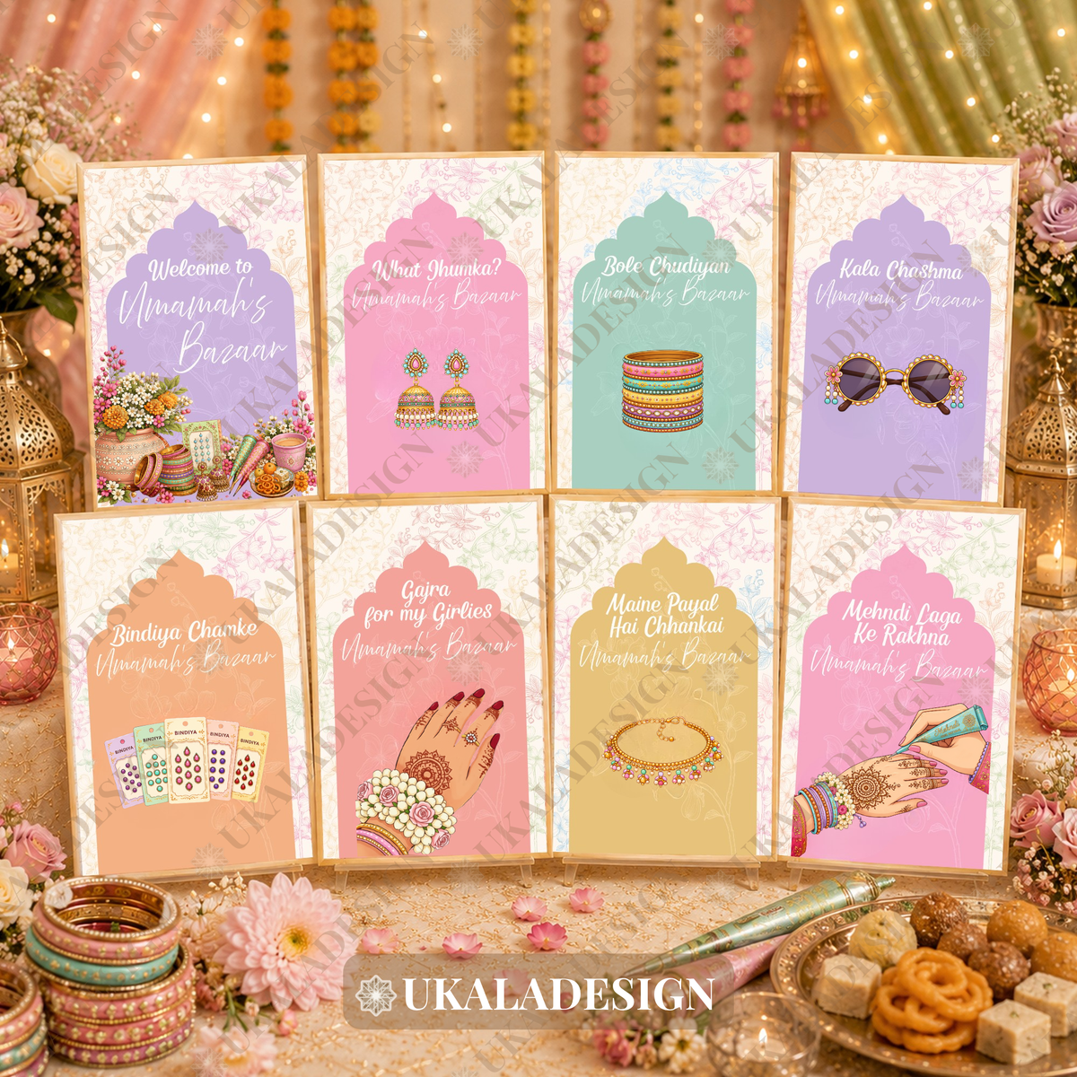 Pastel Mehndi Bazaar Table Sign, A4 - Mehrab-e-Gul Design