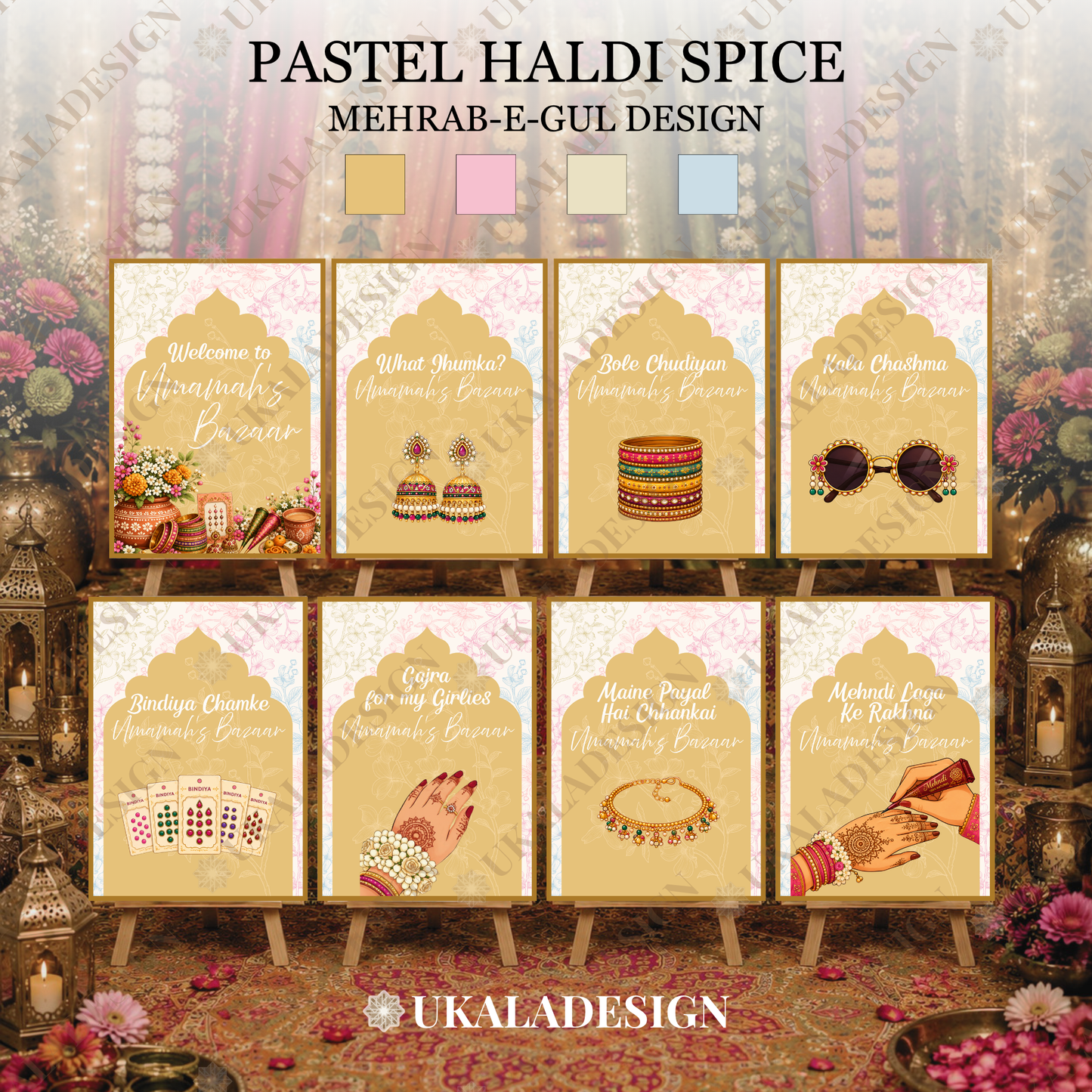 Pastel Mehndi Bazaar Table Sign, A4 - Mehrab-e-Gul Design