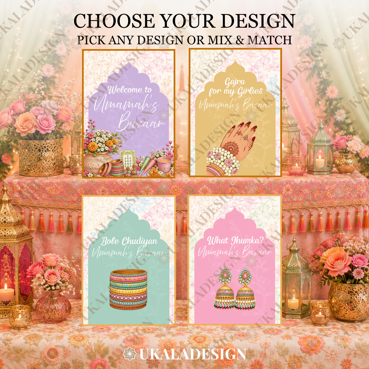 Pastel Mehndi Bazaar Table Sign, A4 - Mehrab-e-Gul Design