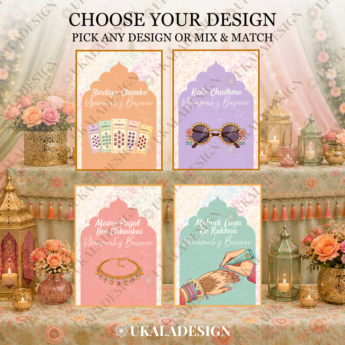 Pastel Mehndi Bazaar Table Sign, A4 - Mehrab-e-Gul Design