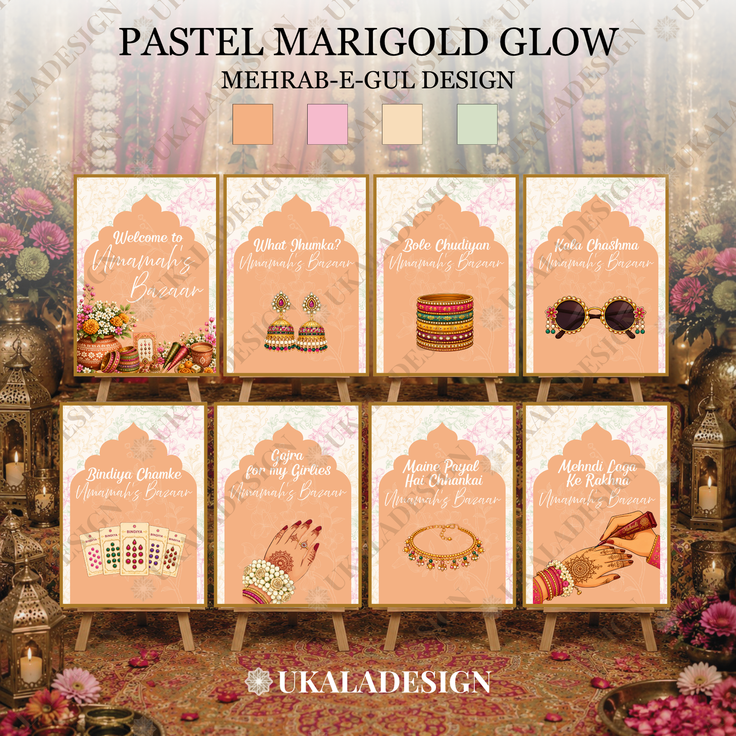 Pastel Mehndi Bazaar Table Sign, A4 - Mehrab-e-Gul Design