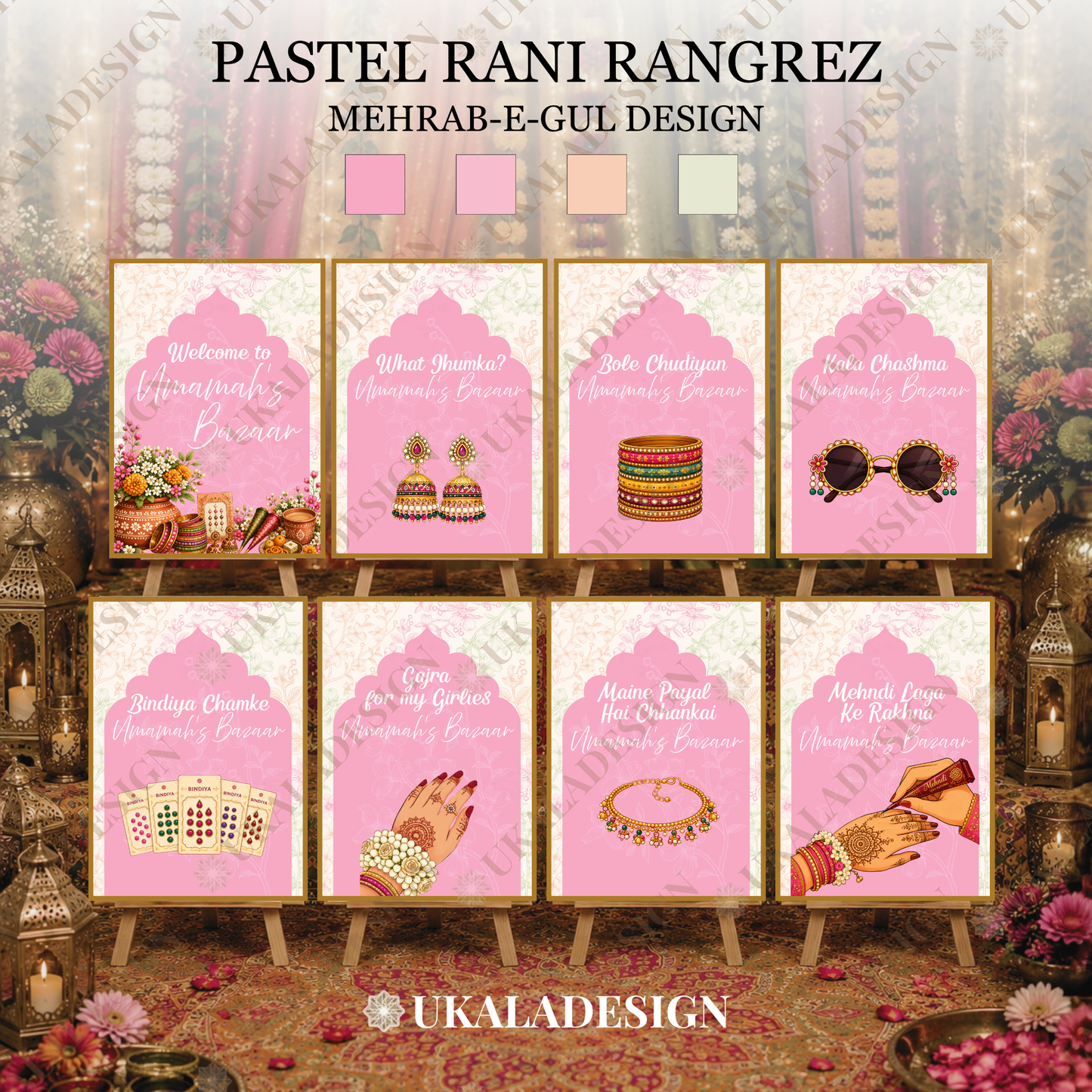Pastel Mehndi Bazaar Table Sign, A4 - Mehrab-e-Gul Design