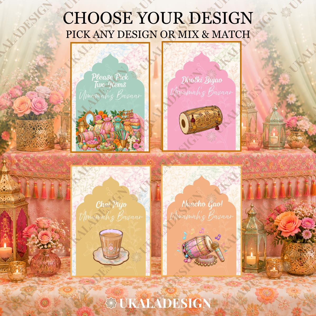 Pastel Mehndi Bazaar Table Sign, A4 - Mehrab-e-Gul Design