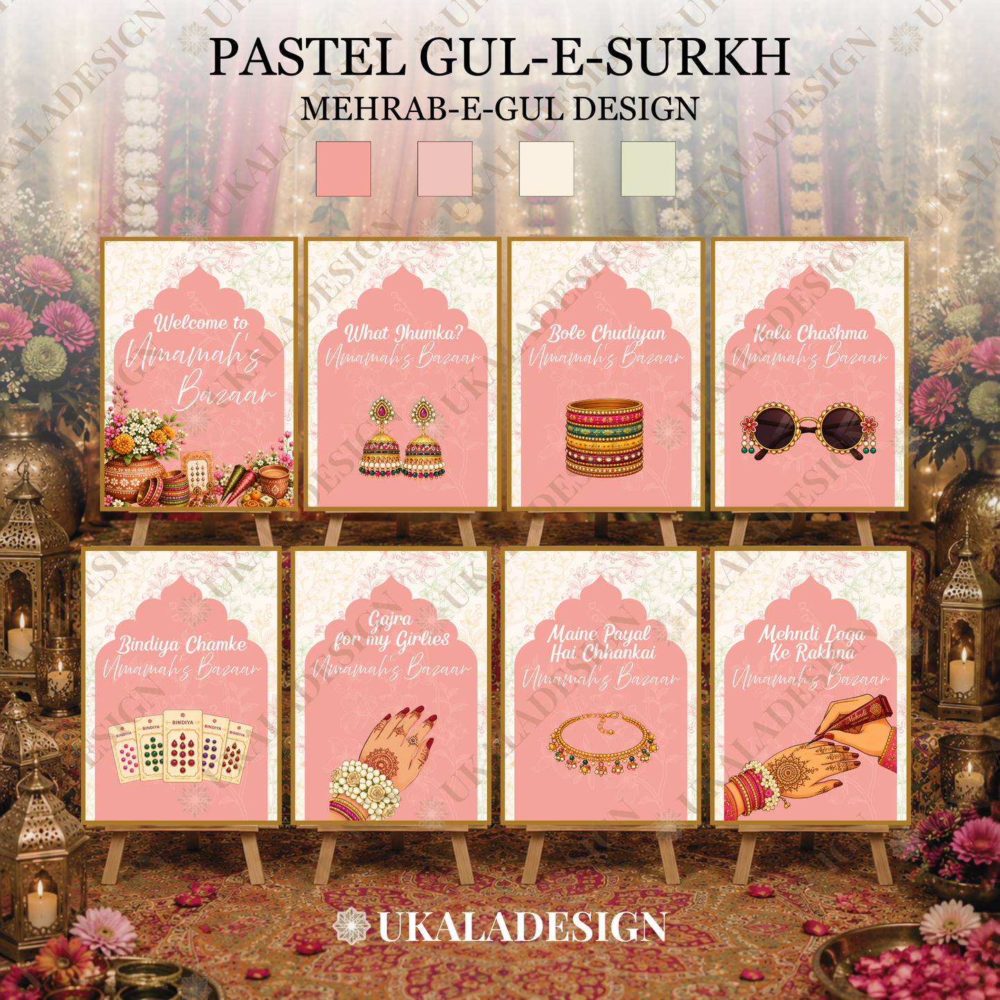 Pastel Mehndi Bazaar Table Sign, A4 - Mehrab-e-Gul Design
