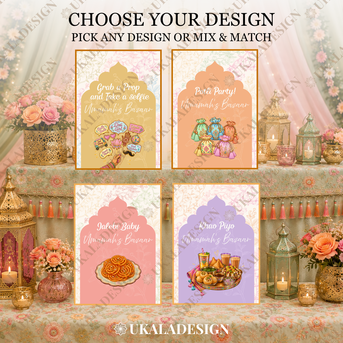 Pastel Mehndi Bazaar Table Sign, A4 - Mehrab-e-Gul Design