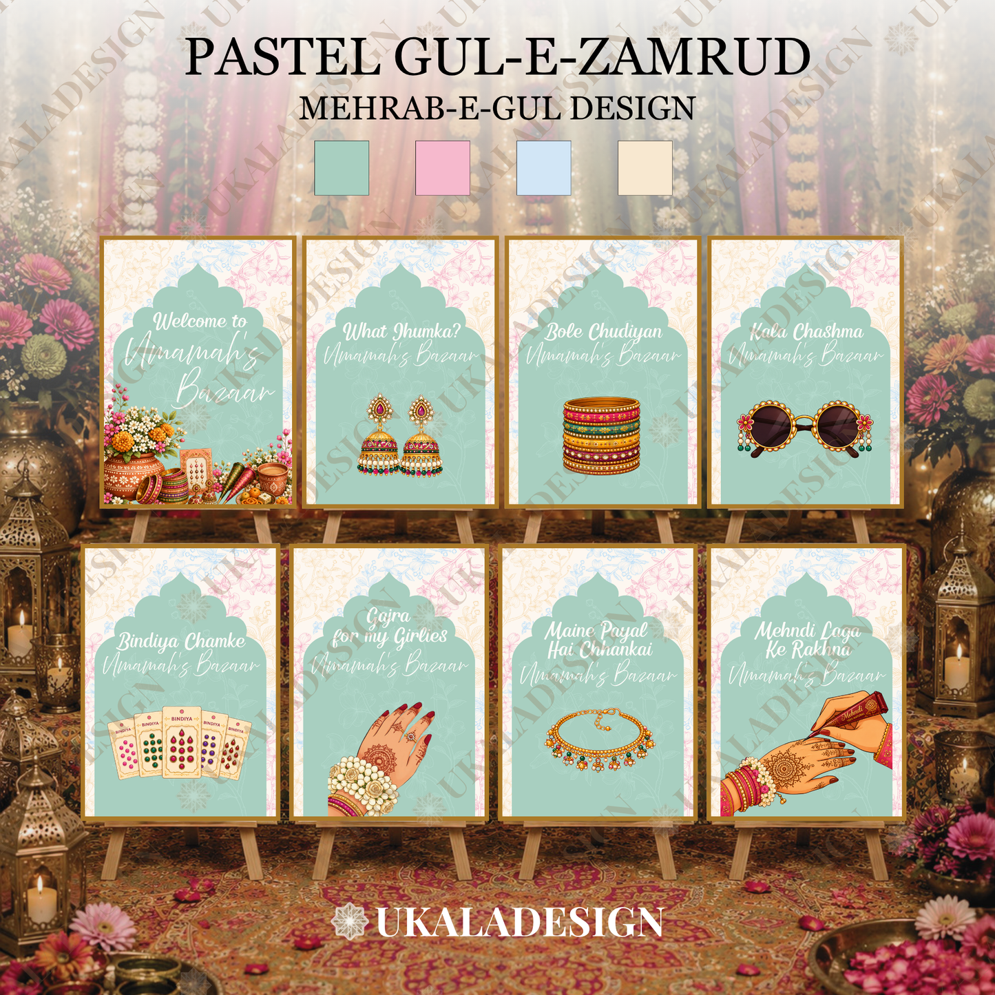 Pastel Mehndi Bazaar Table Sign, A4 - Mehrab-e-Gul Design