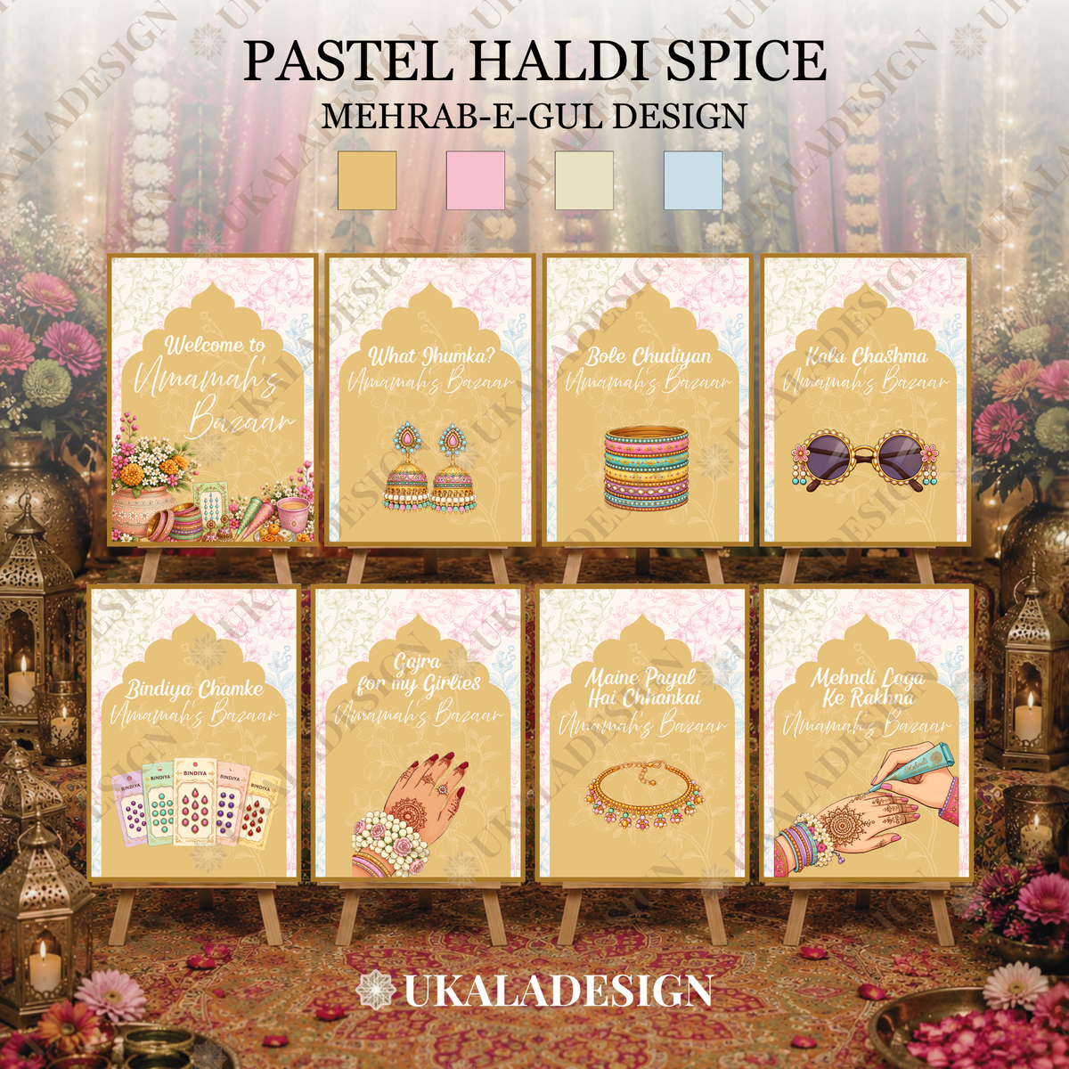 Pastel Mehndi Bazaar Table Sign, A4 - Mehrab-e-Gul Design