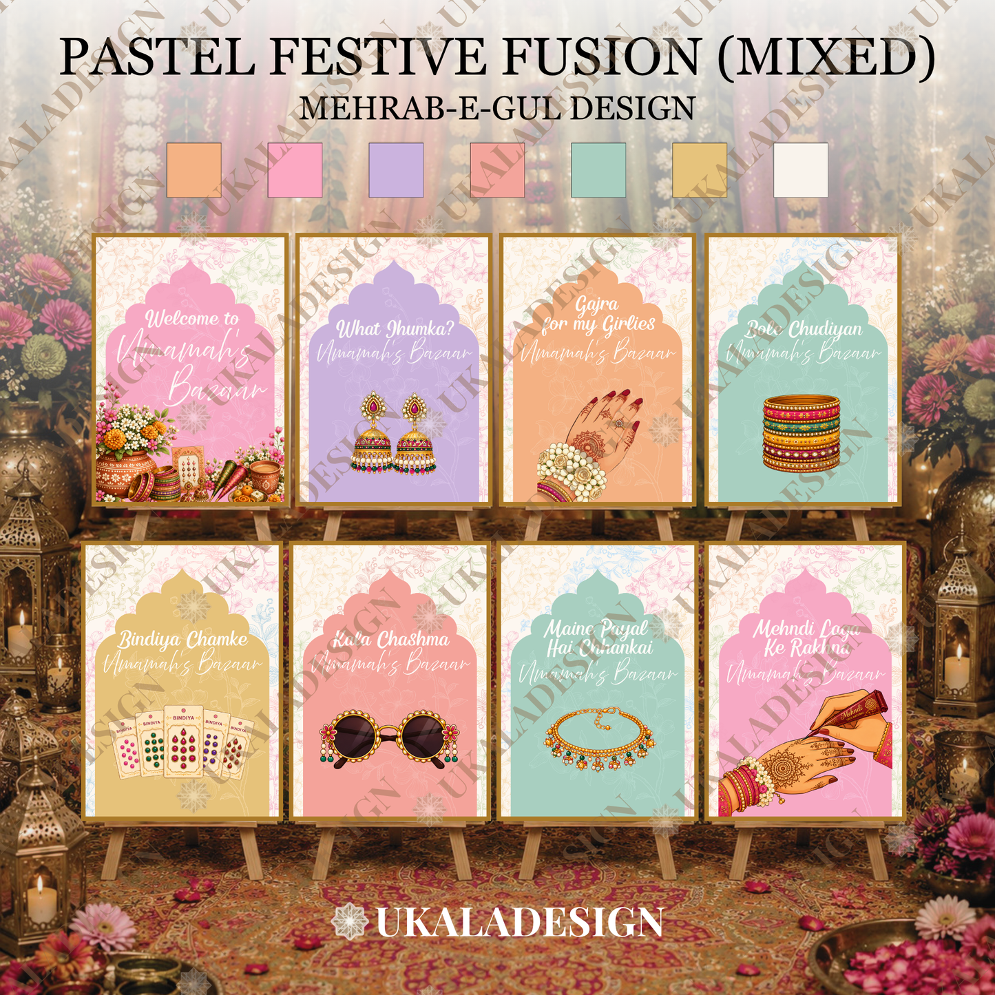 Pastel Mehndi Bazaar Table Sign, A4 - Mehrab-e-Gul Design