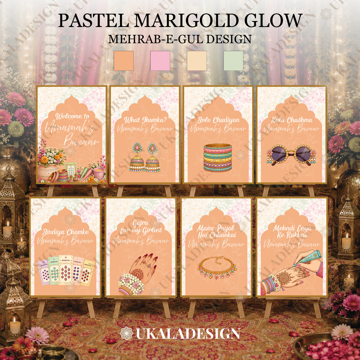 Pastel Mehndi Bazaar Table Sign, A4 - Mehrab-e-Gul Design