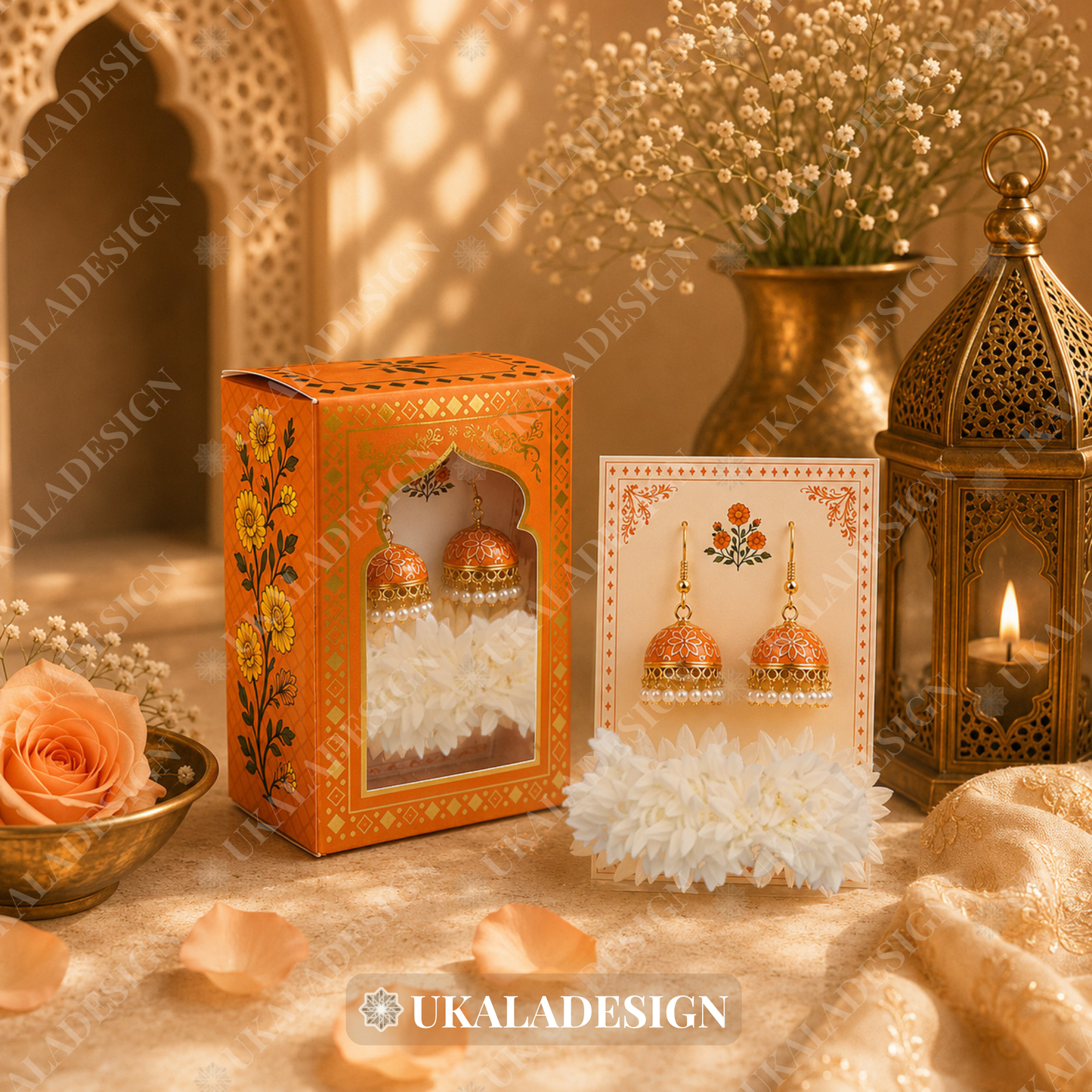 Luxury Jhumka & Gajra Gift Box - Orange Colour