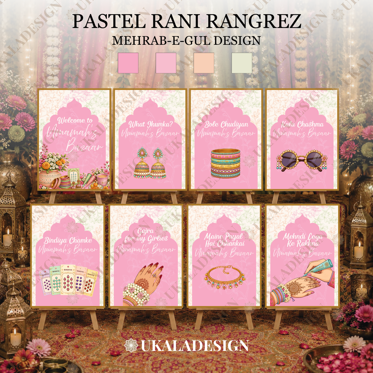 Pastel Mehndi Bazaar Table Sign, A4 - Mehrab-e-Gul Design