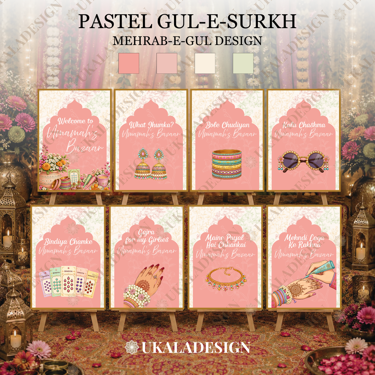 Pastel Mehndi Bazaar Table Sign, A4 - Mehrab-e-Gul Design