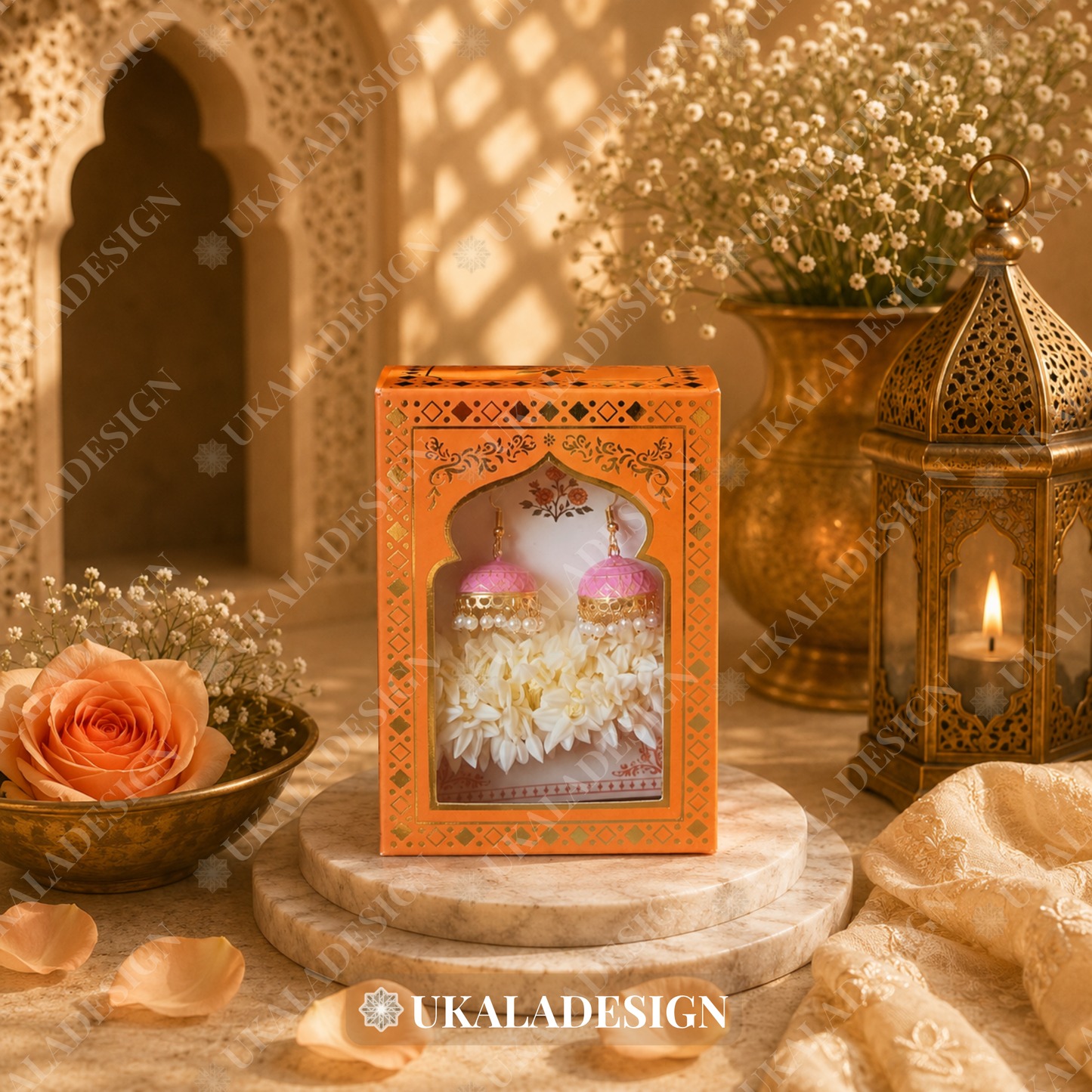 Luxury Jhumka & Gajra Gift Box - Orange Colour