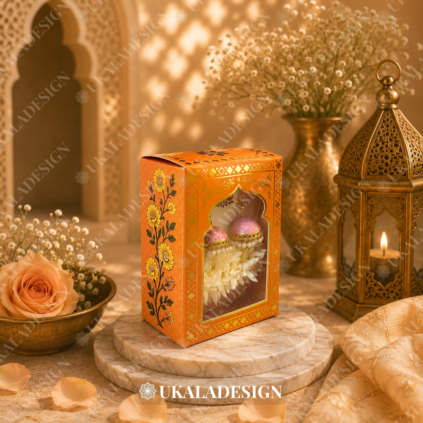 Luxury Jhumka & Gajra Gift Box - Orange Colour