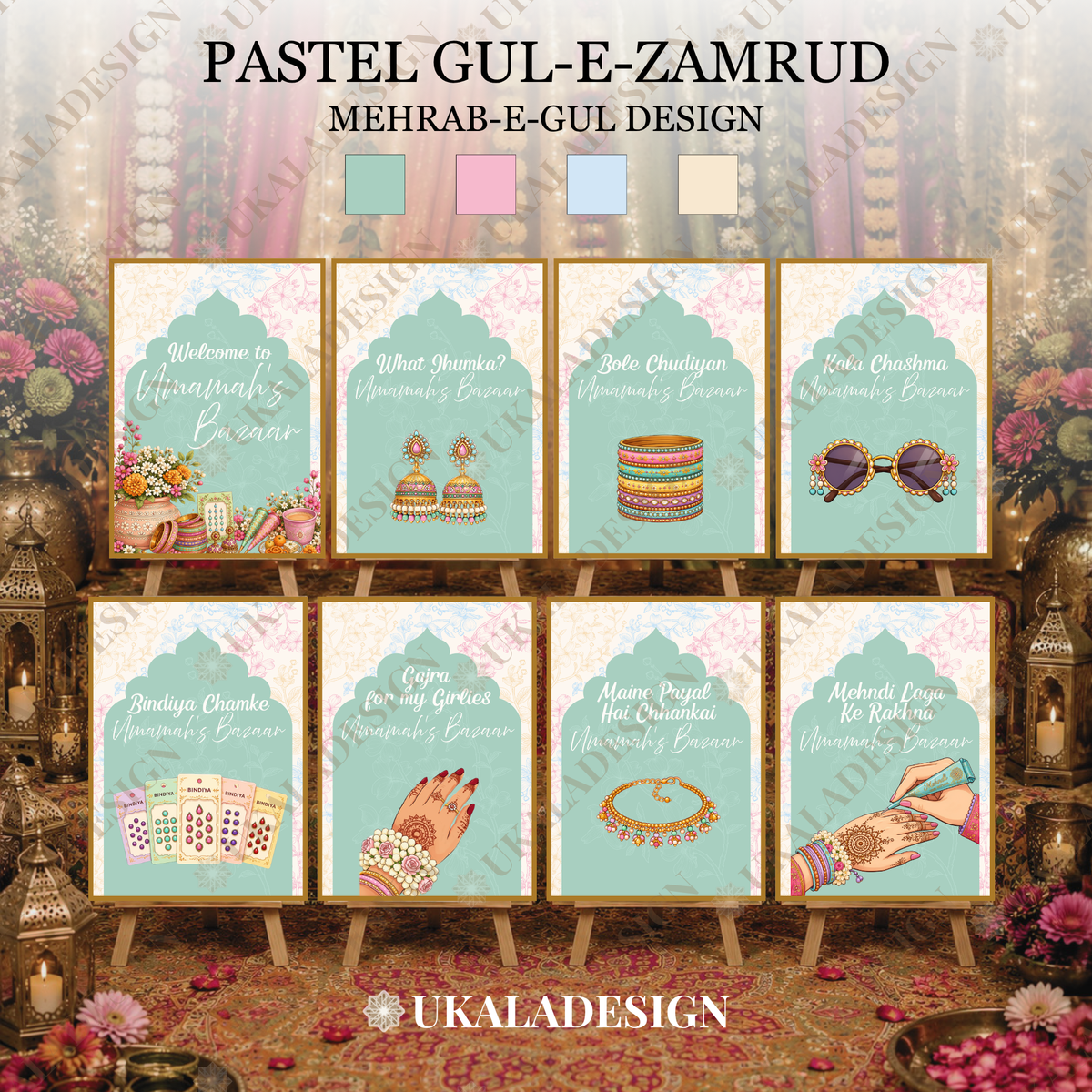 Pastel Mehndi Bazaar Table Sign, A4 - Mehrab-e-Gul Design