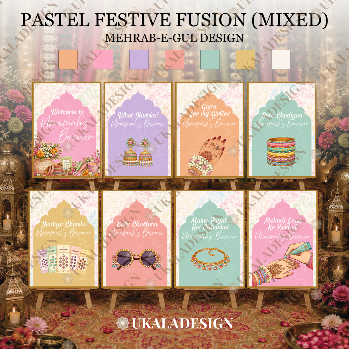 Pastel Mehndi Bazaar Table Sign, A4 - Mehrab-e-Gul Design
