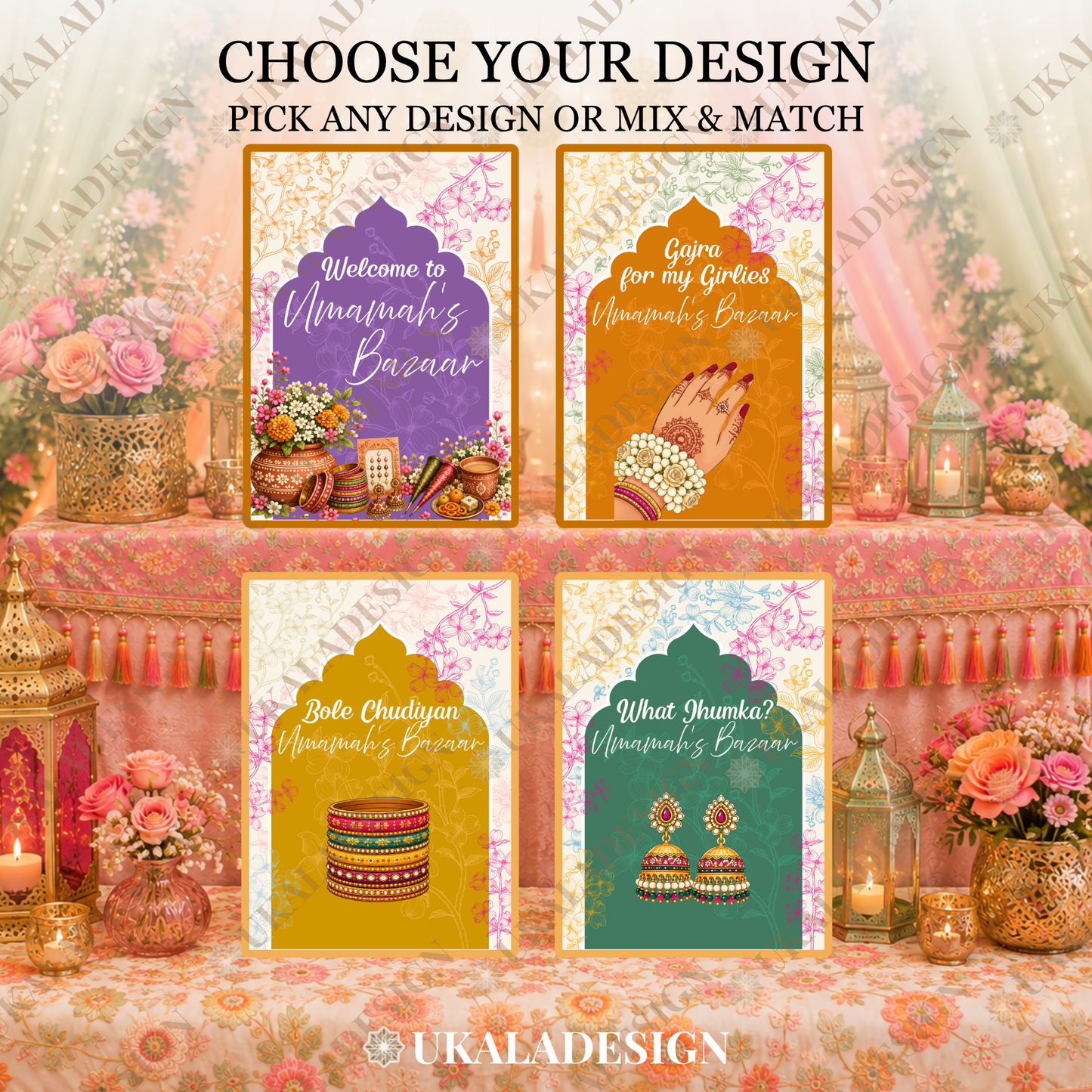Mehndi Bazaar Table Sign, A4 - Mehrab-e-Gul Design