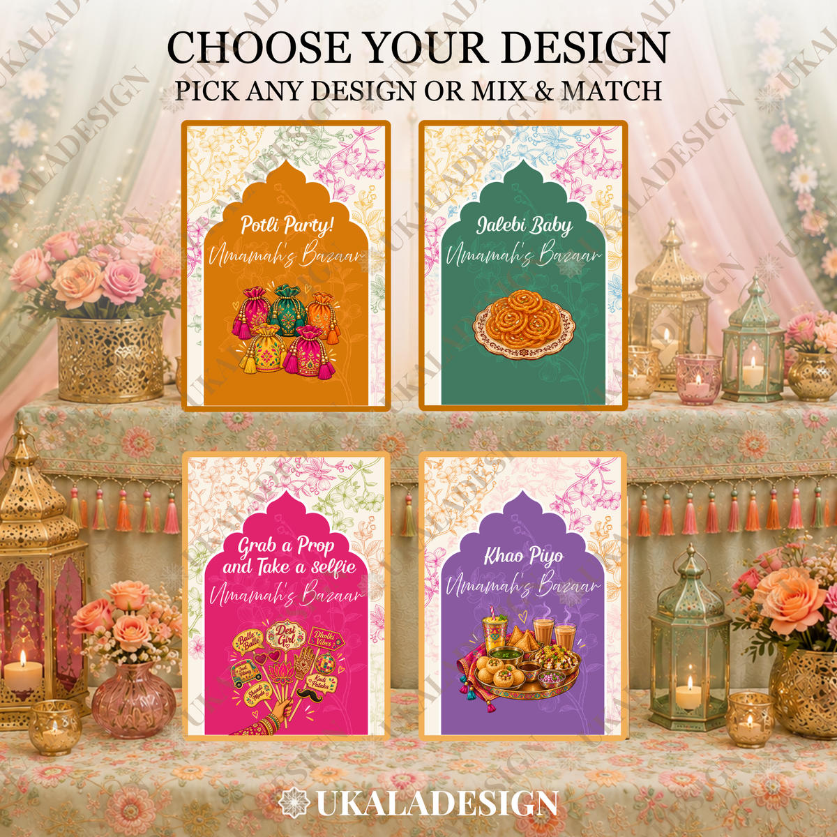 Mehndi Bazaar Table Sign, A4 - Mehrab-e-Gul Design