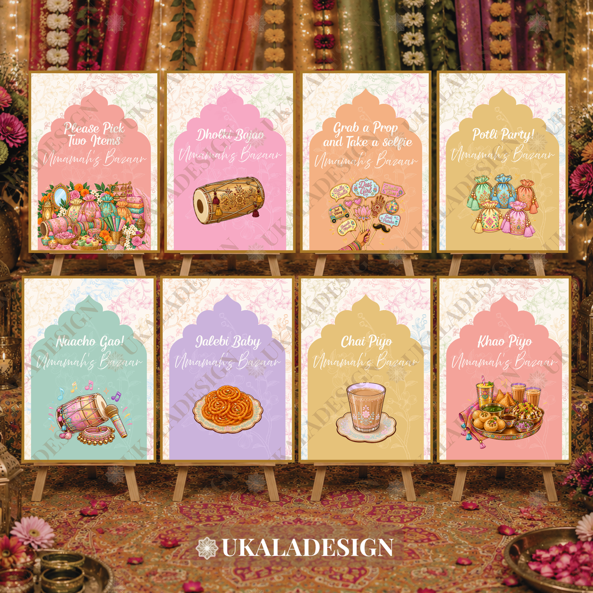 Pastel Mehndi Bazaar Table Sign, A4 - Mehrab-e-Gul Design
